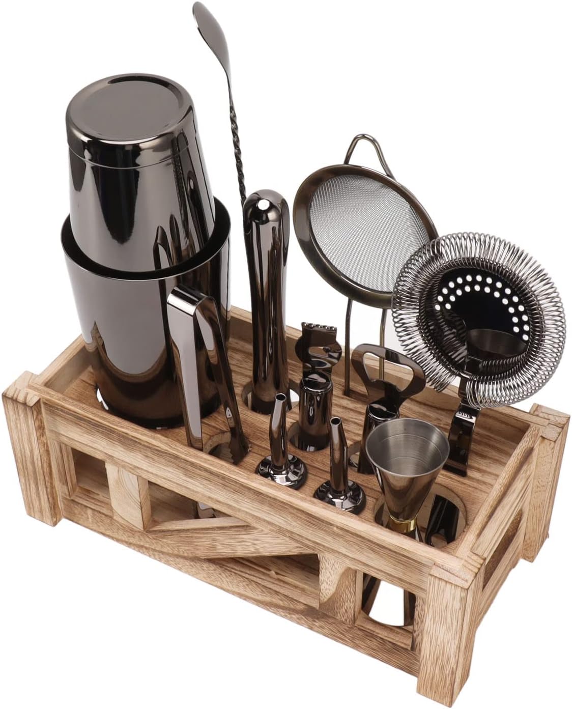 Bartender Kit, Stainless Steel Cocktail Shaker Set with Wooden Sta